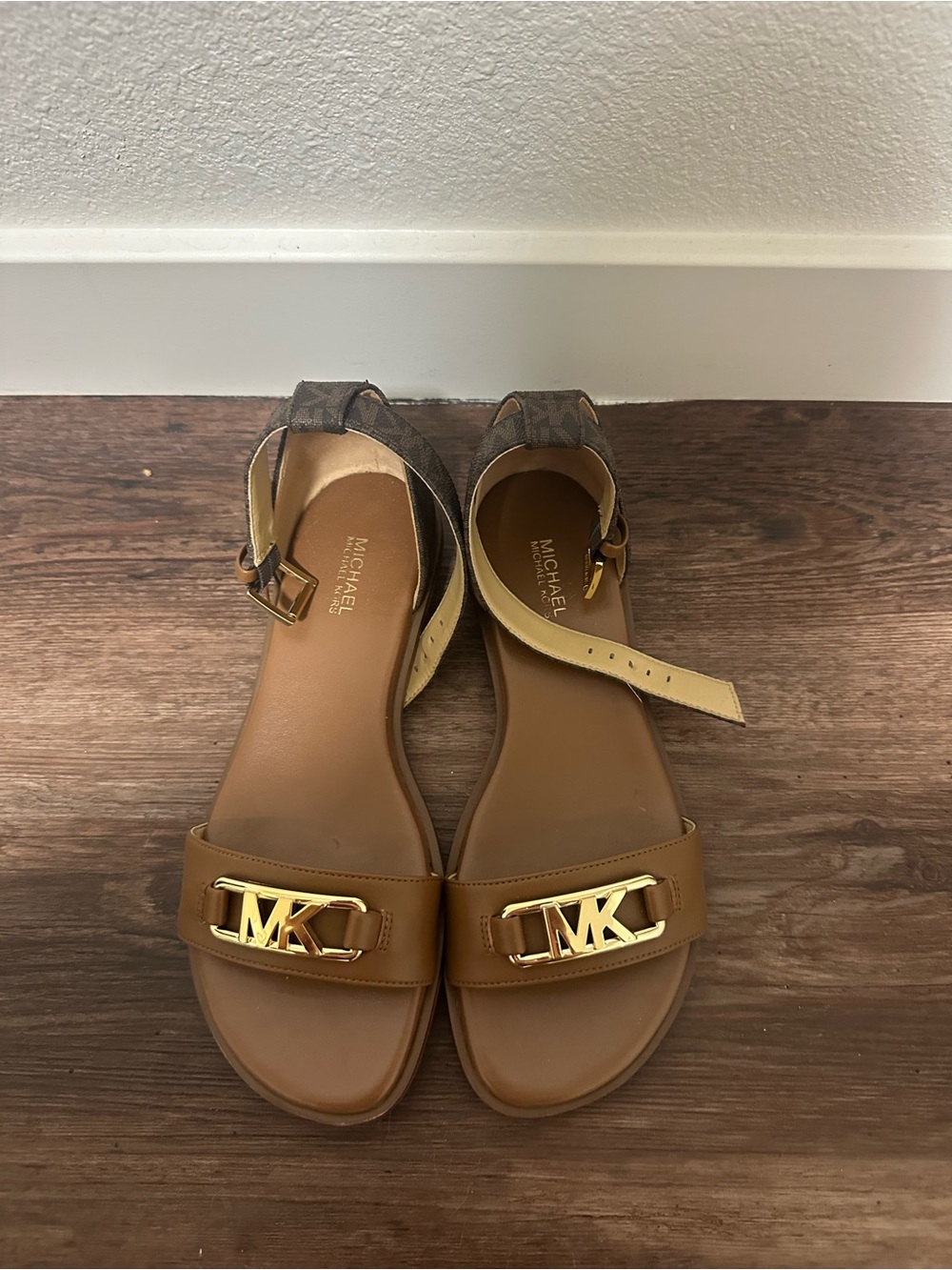Michael Kors Tan Leather Sandals with Gold MK Accent
